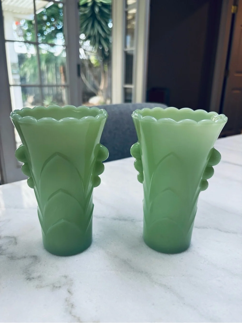 Fire King Jade Green Scalloped Bud Vases - Pair